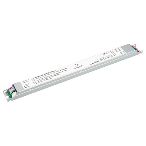 Блок питания ARJ-55-LONG-DALI-0-10V-PFC (55W, 1050mA) (Arlight, IP20 Металл, 7 лет) Поставка под заказ от 336 шт. Диммируемый источник тока по протоколу DALI, стандарту 0-10 В с гальванической развязкой для светильников и мощных светодиодов. Входное напряжение 120-240 VAC. Выходные параметры: 31-52 В, 1050 mА, 55 Вт. Встроенный PFC >0.95. Негерметичный алюминиевый корпус IP 20. Габаритные размеры длина 378 мм, ширина 30 мм, высота 21 мм. Гарантийный срок 7 лет.