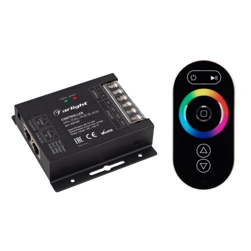 Контроллер ARL-OVAL-RGB Black (12-24V, 3x10A, ПДУ Овал, RF, RJ45) (Arlight, IP20 Металл, 3 года) 3-канальный RGB контроллер с радиопультом черного цвета. Управление с помощью кнопок и сенсорного кольца. Питание 12-24VDC, макс.ток 3х10A, максимальная мощность 360-720W. Габариты контроллера 91х88х24 мм, габариты пульта 114х56х23 мм.