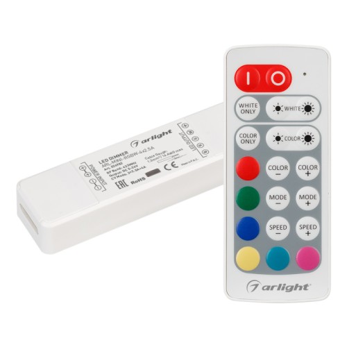 Контроллер ARL-MINI-RGBW-4x2.5A (5-24V, RF ПДУ 20кн) (Arlight, IP20 Пластик, 1 год) RGBW контроллер серии "MINI". В комплекте контроллер, 20кн RF ПДУ белого цвета, магнитная база для ПДУ, миниатюрная отвертка для монтажа. Напряжение питания 5-24VDC, ток нагрузки 3x2,5A+4A(White), максимальная мощность 57.5-276W (в зависимости от напряжения питания). Питание ПДУ 3V (CR2032). Габариты контроллера 87х24х15, габариты пульта 87x36x6.