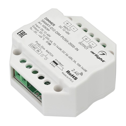 Диммер SMART-D12-DIM-PUSH-2000-IN (12-48V, 1x6A, 2.4G) (Arlight, IP20 Пластик, 5 лет) Диммер для монохромной светодиодной ленты (ШИМ) с функцией Push-Dim. Питание/рабочее напряжение 12-24VDC, максимальный ток 6A на канал при напряжении (DC12-24V) и 3А на канал при напряжении (DC36-48V), 1 канал. Максимальная мощность для 12-24V - 72-144W, для 36-48V - 108-144W. Винтовые клеммы, корпус - пластик. Габариты 52x52x26 мм, встраивается в стандартный подрозетник. Совместим с пультами и панелями SMART, поддерживающими диммирование по радиоканалу 2.4G.