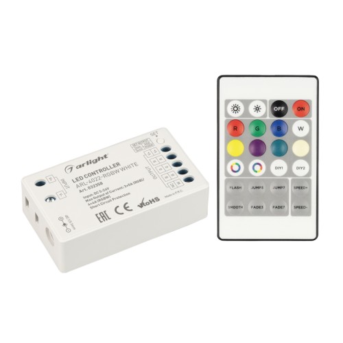 Контроллер ARL-4022-RGBW White (5-24V, 4x4A, ПДУ 24кн, RF) (Arlight, IP20 Пластик, 3 года) Контроллер для светодиодной RGB/RGBW ленты (ШИМ). Напряжение питания DC 5-24V, частота радиосвязи пульта и контроллера 433.92Mhz. Два варианта подключения - 3 канала: 5А на канал, максимальная мощность 180W-360W ; 4 канала: 4А на канал, максимальная мощность 192W-384W. Частота ШИМ 1.95KHz. Габариты 70х40х20 мм.