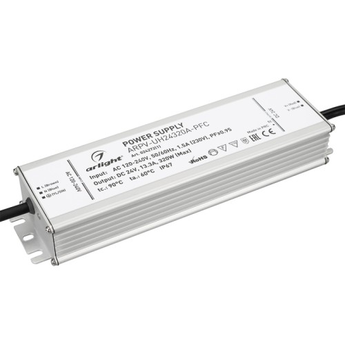 Блок питания ARPV-UH24320A-PFC (24V, 13.3A, 320W) (Arlight, IP67 Металл, 7 лет) Источник напряжения с гальванической развязкой для светодиодных изделий. Входное напряжение 120-240 VAC. Выходные параметры: 24 В, 13,3 А, 320 Вт. Встроенный PFC >0,95. Герметичный алюминиевый корпус IP 67. Рабочая температура -40…+70C⁰. Габаритные размеры длина 251 мм, ширина 67.5 мм, высота 38.5 мм. Гарантийный срок 7 лет.