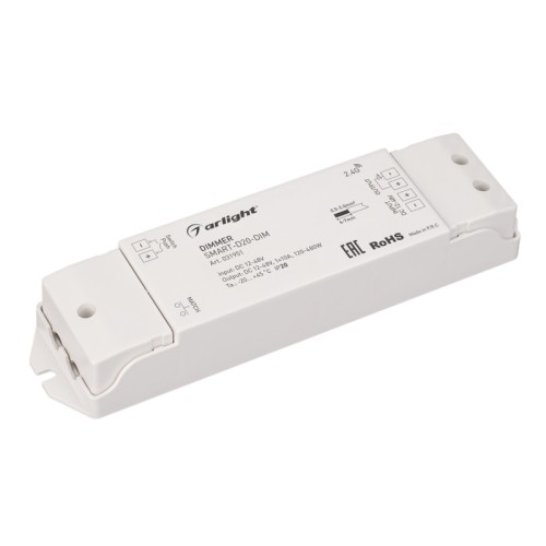 Диммер SMART-D20-DIM (12-48V, 1x10A, 2.4G) (Arlight, IP20 Пластик, 5 лет) Диммер для монохромной светодиодной ленты (ШИМ). Питание/рабочее напряжение 12-48VDC, максимальный ток 10A на канал, 1 канал, максимальная мощность 120-480W. Винтовые клеммы. Корпус - PVC. Габариты 175x45x27 мм. Управляется пультами и панелями серии SMART (поставляются отдельно).