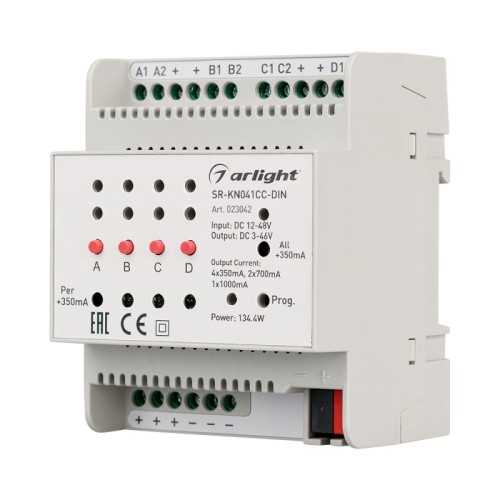 Контроллер тока SR-KN041CC-DIN (12-48V, 4x350/700mA) (Arlight, -) Универсальный диммер стандарта KNX с токовым выходом для установки на DIN-рейку. Возможность ручного управления. Питание DC 12-48V, ток нагрузки 350/700/1000 mA на канал, 4/2/1 канала управления. Мощность 16.8-134.4 W. Размер 90×72×64.2 мм.