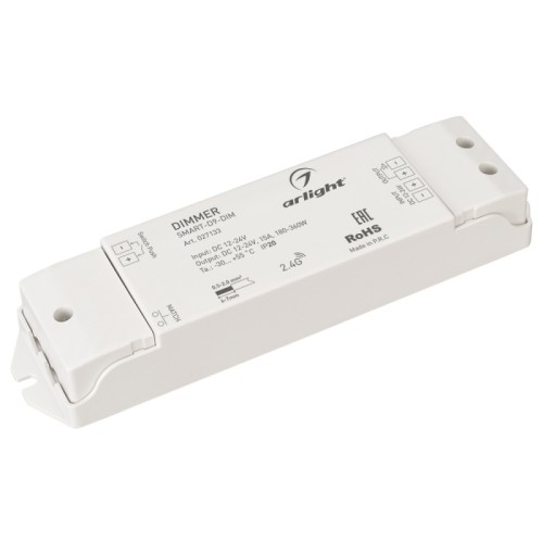 Диммер SMART-D9-DIM (12-24V, 1x15A, 2.4G) (Arlight, IP20 Пластик, 5 лет) Диммер для монохромной светодиодной ленты (ШИМ). Питание/рабочее напряжение 12-24VDC, максимальный ток 15A на канал, 1 канал, максимальная мощность 180-360W. Винтовые клеммы. Корпус - PVC. Габариты 175x45x27 мм. Управляется пультами и панелями серии SMART (поставляются отдельно).