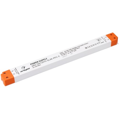 Блок питания ARV-SN12075-SLIM-PFC-C (12V, 6.25A, 75W) (Arlight, IP20 Пластик, 3 года) Поставка под заказ от 500 шт. Источник напряжения с гальванической развязкой для светодиодных изделий. Входное напряжение 220-240 VAC. Выходные параметры: 12 В, 6,25 А, 75 Вт. Встроенный PFC >0,9. Негерметичный пластиковый корпус IP 20. Габаритные размеры длина 320 мм, ширина 30 мм, высота 19 мм. Гарантийный срок 3 года.