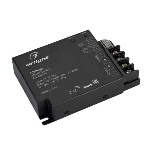Диммер SMART-D6-DIM (12-24V, 1x20A, 2.4G) (Arlight, IP20 Металл, 5 лет) Диммер для монохромной светодиодной ленты (ШИМ). Входной сигнал: RF 2.4G, 0/1-10V, PUSH DIM. Питание/рабочее напряжение 12-24VDC, максимальный ток 20A на канал, 1 канал, максимальная мощность 240-480W. Винтовые клеммы, корпус - металл. Габариты 107x75x25 мм. Управляется пультами и панелями серии SMART (поставляются отдельно).