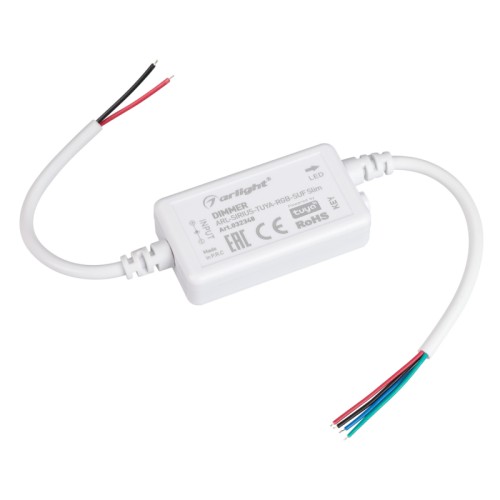 Диммер ARL-SIRIUS-TUYA-RGB-SUF Slim (12-24V, 3x2A, 2.4G) (Arlight, IP20 Пластик, 3 года) Контроллер трехканальный для RGB светодиодных лент. Питание/рабочее напряжение 12-24VDC, максимальный ток 2A на канал, 3 канала, максимальная мощность 72-144W. Частота ШИМ 1.95kГц, Wi-Fi 2.4G. Разъемы для подключения блока питания и ленты. Корпус - PVC. Габариты 48х26х13 мм. Cовместим с платформой TUYA, поддерживается управление ЯНДЕКС АЛИСА. Список совместимых пультов в разделе "Совместимые".
