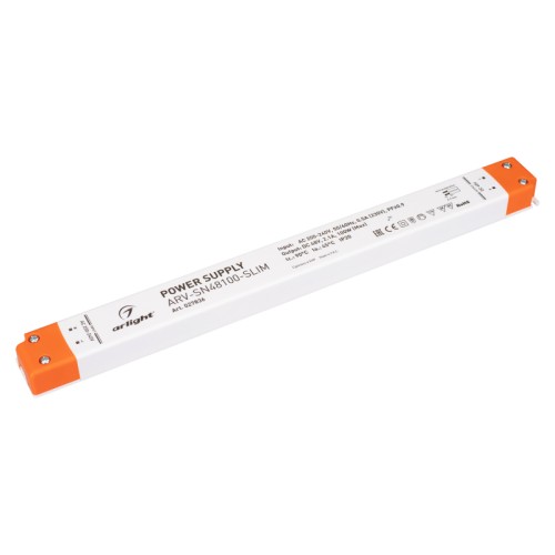 Блок питания ARV-SN48100-SLIM (48V, 2.1A, 100W, PFC) (Arlight, IP20 Пластик, 3 года) Источник напряжения с гальванической развязкой для светодиодных изделий. Входное напряжение 200-240 VAC. Выходные параметры: 48 В, 2.1 А, 100 Вт. Встроенный PFC >0.9. Негерметичный пластиковый корпус IP 20. Габаритные размеры длина 320 мм, ширина 30 мм, высота 18 мм. Гарантийный срок 3 года.