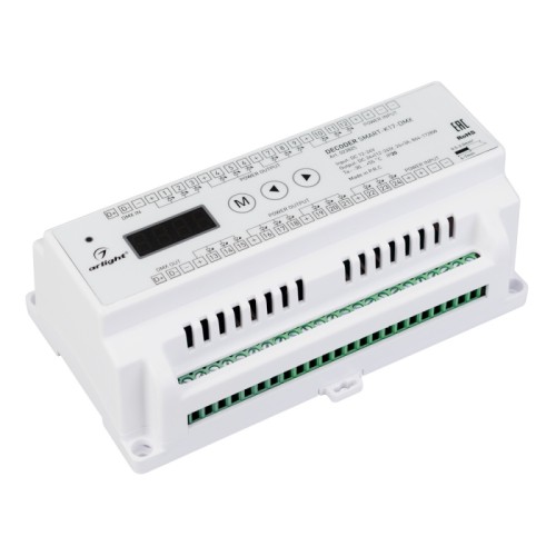 Декодер SMART-K17-DMX (12-24V, 24x3A) (Arlight, IP20 Пластик, 5 лет) Декодер DMX512 для трансляции DMX512 сигнала ШИМ(PWM) устройствам. Питание 12-24VDC. 24 канала, ток нагрузки 24x3A, мощность нагрузки 864-1720W. Входной сигнал DMX512, выходной сигнал ШИМ(PWM). Цифровой дисплей на корпусе, адрес устанавливается с помощью кнопок. Декодер предназначен для установки на DIN-рейку. Размер 160x88x60 мм.