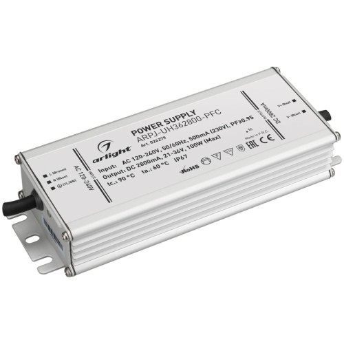 Блок питания ARPJ-UH362800-PFC (100W, 2.8A) (Arlight, IP67 Металл, 7 лет) Источник тока с гальванической развязкой для светильников и мощных светодиодов. Входное напряжение 120-240 VAC. Выходные параметры: 21-36 В, 2800 mА, 100 Вт. Встроенный PFC >0.95. Герметичный алюминиевый корпус IP 67. Рабочая температура -40…+70C⁰. Габаритные размеры длина 188 мм, ширина 67.5 мм, высота 33.5 мм. Гарантийный срок 7 лет.