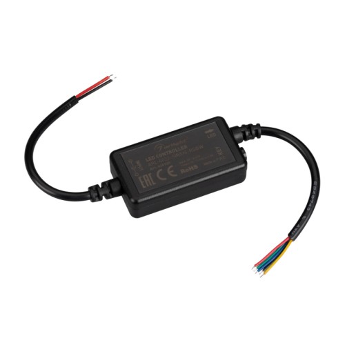 Контроллер ARL-4022-SIRIUS-RGBW (12-24V, 4x1.5A, 2.4G) (Arlight, IP20 Пластик, 2 года) Миниатюрный контроллер для светодиодной RGBW ленты (ШИМ). Питание/рабочее напряжение 12-24VDC, максимальный ток 1.5A на канал, 4 канала, максимальная мощность 72-144W. Корпус - PVC черного цвета. Укомплектован разъемом для подключения питания (DC plug (2.1/5.5) и 5-pin разъемом для подключения RGBW ленты. Габариты 48х26х13 мм. Связь с пультом по радиосигналу 2.4G. Совместимые пульты см. в сопутствующих товарах.
