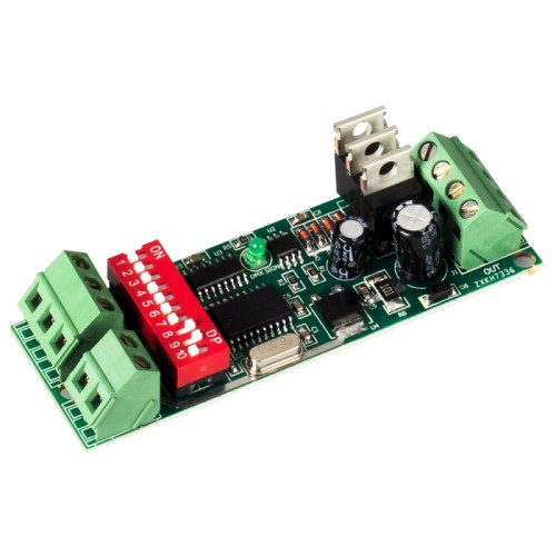 Декодер DMX RA-302 DIP (12-24V, 72-144W) (Arlight, Бескорпусной) RGB-декодер, имеет DMX вход и выход, без корпуса (печатная плата с терминальными клеммами), 3 канала. Позволяет подключать светодиодные ленты. Напряжение 12-24V, ток 3x2A, размеры 90x30x20mm.
