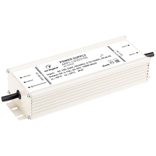 Блок питания ARPJ-LG323150 (100W, 3150mA, PFC) (Arlight, IP67 Металл, 2 года) Источник тока с гальванической развязкой для светильников и мощных светодиодов. Входное напряжение 100-240 VAC. Выходные параметры: 20-32 В, 3150 mА, 100 Вт. Встроенный PFC >0.95. Герметичный алюминиевый корпус IP 67. Рабочая температура -30…+50C⁰. Габаритные размеры длина 195 мм, ширина 65 мм, высота 40 мм. Гарантийный срок 2 года. Минимальный размер партии - 50шт.