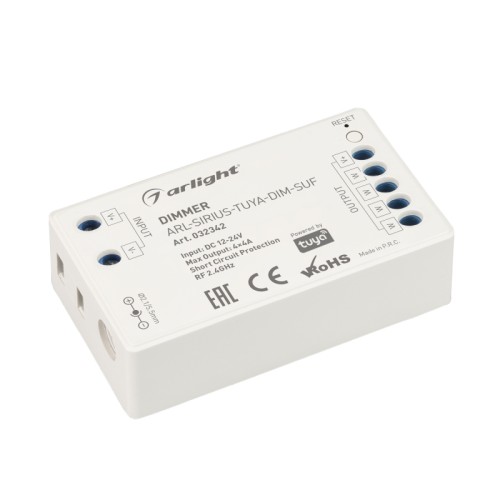 Диммер ARL-SIRIUS-TUYA-DIM-SUF (12-24V, 4x4A, 2.4G) (Arlight, IP20 Пластик, 3 года) Диммер одноканальный для одноцветных светодиодных лент. Питание/рабочее напряжение 12-24VDC, максимальный ток 4A на канал, 4 канала, максимальная мощность 192-384W. Частота ШИМ 1kГц, Wi-Fi 2.4G. Винтовые клеммы. Корпус - PVC. Габариты 70х40х20 мм. Cовместим с платформой TUYA, поддерживается управление ЯНДЕКС АЛИСА. Список совместимых пультов в разделе "Совместимые".