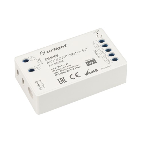 Диммер ARL-SIRIUS-TUYA-MIX-SUF (12-24V, 4x4A, 2.4G) (Arlight, IP20 Пластик, 3 года) Контроллер двухканальный для MIX светодиодных лент. Питание/рабочее напряжение 12-24VDC, максимальный ток 4A на канал, 4 канала, максимальная мощность 192-384W. Частота ШИМ 1kГц, Wi-Fi 2.4G. Винтовые клеммы. Корпус - PVC. Габариты 70х40х20 мм. Cовместим с платформой TUYA, поддерживается управление ЯНДЕКС АЛИСА. Список совместимых пультов в разделе "Совместимые".