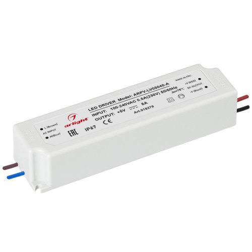 Блок питания ARPV-LV05040-A (5V, 8.0A, 40W) (Arlight, IP67 Пластик, 3 года) Источник напряжения с гальванической развязкой для светодиодных изделий. Входное напряжение 100-240 VAC. Выходные параметры: 5 В, 8 А, 40 Вт. Встроенный PFC >0,5. Герметичный пластиковый корпус IP 67. Рабочая температура -20…+50C⁰. Габаритные размеры длина 162 мм, ширина 42 мм, высота 34 мм. Гарантийный срок 3 года.