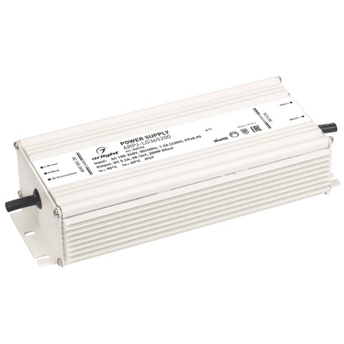 Блок питания ARPJ-LG365200 (200W, 5200mA, PFC) (Arlight, IP67 Металл, 2 года) Источник тока с гальванической развязкой для светильников и мощных светодиодов. Входное напряжение 100-240 VAC. Выходные параметры: 28-36 В, 5200 mА, 200 Вт. Встроенный PFC >0.97. Герметичный алюминиевый корпус IP 67. Рабочая температура -30…+50C⁰. Габаритные размеры длина 227 мм, ширина 96 мм, высота 49 мм. Гарантийный срок 2 года.