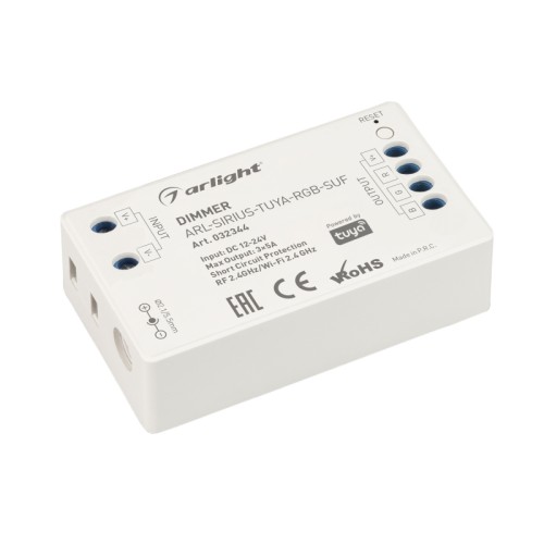 Диммер ARL-SIRIUS-TUYA-RGB-SUF (12-24V, 3x5A, 2.4G) (Arlight, IP20 Пластик, 3 года) Контроллер трехканальный для RGB светодиодных лент. Питание/рабочее напряжение 12-24VDC, максимальный ток 5A на канал, 3 канала, максимальная мощность 180-360W. Частота ШИМ 1kГц, Wi-Fi 2.4G. Винтовые клеммы. Корпус - PVC. Габариты 70х40х20 мм. Cовместим с платформой TUYA, поддерживается управление ЯНДЕКС АЛИСА. Список совместимых пультов в разделе "Совместимые" (НЕ СОВМЕСТИМ С ПУЛЬТОМ 027154).