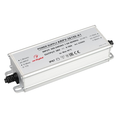 Блок питания ARPV-36150-A1 (36V, 4.16A, 150W) (Arlight, IP67 Металл, 3 года) Источник напряжения с гальванической развязкой для светодиодных изделий. Входное напряжение 200-240 VAC. Выходные параметры: 36 В, 4.16 А, 150 Вт. Встроенный PFC >0,5. Герметичный алюминиевый корпус IP 67. Рабочая температура -40…+70C⁰. Габаритные размеры длина 174 мм, ширина 56 мм, высота 36 мм. Гарантийный срок 3 года.