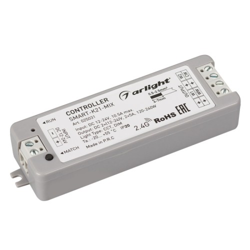Контроллер SMART-K21-MIX (12-24V, 2x5A, 2.4G) (Arlight, IP20 Пластик, 5 лет) Контроллер для светодиодной MIX ленты (ШИМ). Питание/рабочее напряжение 12-24VDC, максимальный ток 5A на канал, 2 канала, максимальная мощность 120-240W. Винтовые клеммы. Корпус - PVC. Габариты 97x33x18 мм. Управляется пультами и панелями серии SMART (поставляются отдельно).