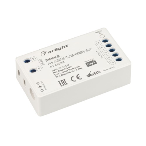 Диммер ARL-SIRIUS-TUYA-RGBW-SUF (12-24V, 4x4A, 2.4G) (Arlight, IP20 Пластик, 3 года) Контроллер четырехканальный для RGBW светодиодных лент. Питание/рабочее напряжение 12-24VDC, максимальный ток 4A на канал, 4 канала, максимальная мощность 192-384W. Частота ШИМ 1kГц, Wi-Fi 2.4G. Винтовые клеммы. Корпус - PVC. Габариты 70х40х20 мм. Cовместим с платформой TUYA, поддерживается управление ЯНДЕКС АЛИСА. Список совместимых пультов в разделе "Совместимые" (НЕ СОВМЕСТИМ С ПУЛЬТОМ 027154).