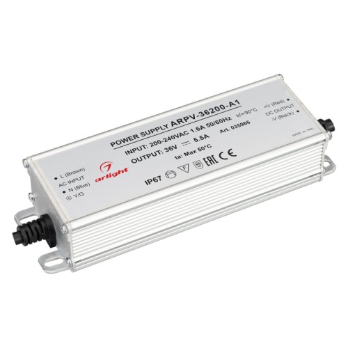 Блок питания ARPV-36200-A1 (36V, 5.55A, 200W) (Arlight, IP67 Металл, 3 года) Источник напряжения с гальванической развязкой для светодиодных изделий. Входное напряжение 200-240 VAC. Выходные параметры: 36 В, 5.55 А, 200 Вт. Встроенный PFC >0,5. Герметичный алюминиевый корпус IP 67. Рабочая температура -40…+70C⁰. Габаритные размеры длина 174 мм, ширина 56 мм, высота 36 мм. Гарантийный срок 3 года.
