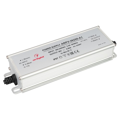 Блок питания ARPV-36250-A1 (36V, 6.95A, 250W) (Arlight, IP67 Металл, 3 года) Источник напряжения с гальванической развязкой для светодиодных изделий. Входное напряжение 200-240 VAC. Выходные параметры: 36 В, 6.95 А, 250 Вт. Встроенный PFC >0,5. Герметичный алюминиевый корпус IP 67. Рабочая температура -40…+70C⁰. Габаритные размеры длина 192 мм, ширина 56 мм, высота 36 мм. Гарантийный срок 3 года.