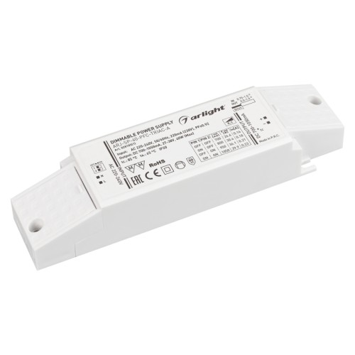 Блок питания ARJ-SP-40-PFC-TRIAC-INS (40W, 27-38V, 0.7-1.05A) (Arlight, IP20 Пластик, 5 лет) Диммируемый источник тока по стандарту TRIAC с гальванической развязкой для светильников и мощных светодиодов. Входное напряжение 220-240 VAC. Выходные параметры: 27-38 В, 700-1050 mА, 40 Вт. Выбор значения тока осуществляется DIP-переключателем. Встроенный PFC >0,92. Негерметичный пластиковый корпус IP 20. Габаритные размеры 173х44х30 мм. (133х44х30 мм. без крышек). Гарантийный срок 5 лет.