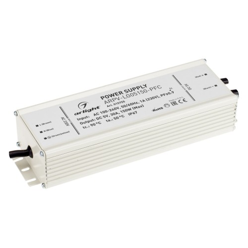 Блок питания ARPV-LG05150-PFC (5V, 30.0A, 150W) (Arlight, IP67 Металл, 5 лет) Источник напряжения с гальванической развязкой для светодиодных изделий. Входное напряжение 100-240 VAC. Выходные параметры: 5 В, 30 А, 150 Вт. Встроенный PFC >0,95. Герметичный алюминиевый корпус IP 67. Рабочая температура -30…+50C⁰. Габаритные размеры длина 221 мм, ширина 70 мм, высота 45 мм. Гарантийный срок 5 лет.