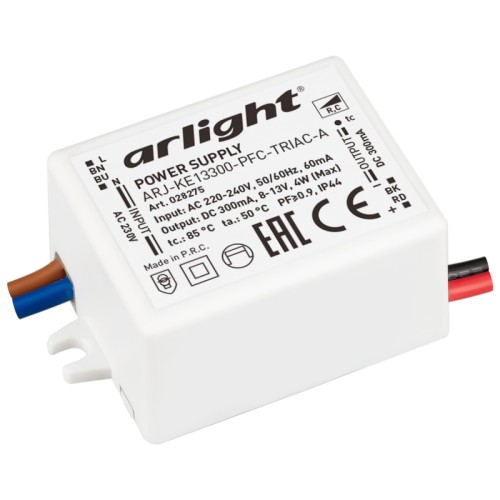 Блок питания ARJ-KE13300-PFC-TRIAC-A (4W, 300mA) (Arlight, IP44 Пластик, 5 лет) Диммируемый источник тока по стандарту TRIAC с гальванической развязкой для светильников и мощных светодиодов. Входное напряжение 220-240 VAC. Выходные параметры: 8-13 В, 300 mА, 4 Вт. Встроенный PFC >0,9. Негерметичный пластиковый корпус IP 44. Габаритные размеры длина 48 мм, ширина 30 мм, высота 20 мм. Гарантийный срок 5 лет.