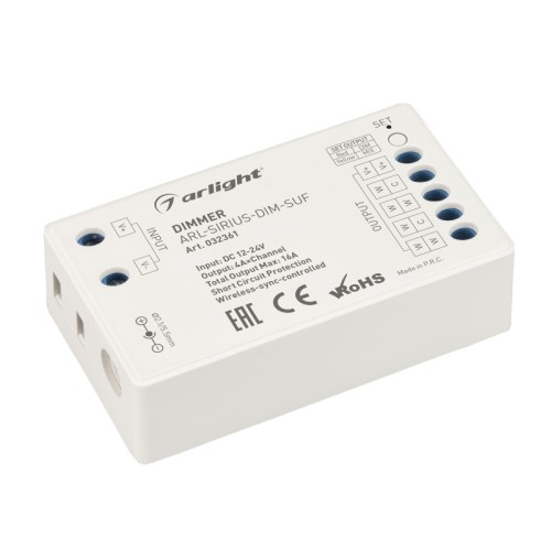 Диммер ARL-SIRIUS-DIM-SUF (12-24V, 4x4A, 2.4G) (Arlight, IP20 Пластик, 3 года) Контроллер для светодиодной DIM/MIX/RGB/RGBW ленты (ШИМ). Питание/рабочее напряжение 12-24VDC, максимальный ток 4A на канал, 4 канала, максимальная мощность 192-384W. Винтовые клеммы. Корпус - PVC. Габариты 70х40х20 мм. Список совместимых пультов в разделе "Совместимые".