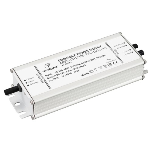 Блок питания ARPV-UH12100-PFC-DALI-PH (12V, 8.3A, 100W) (Arlight, IP67 Металл, 7 лет) Диммируемый источник напряжения по протоколу DALI с гальванической развязкой для светодиодных изделий. Входное напряжение 120-240 VAC. Выходные параметры: 12 В, 8.3 А, 100 Вт. Встроенный PFC >0.95. Герметичный алюминиевый корпус IP 67. Рабочая температура -40…+70C⁰. Габаритные размеры длина 188 мм, ширина 67.5 мм, высота 33.5 мм. Гарантийный срок 7 лет.