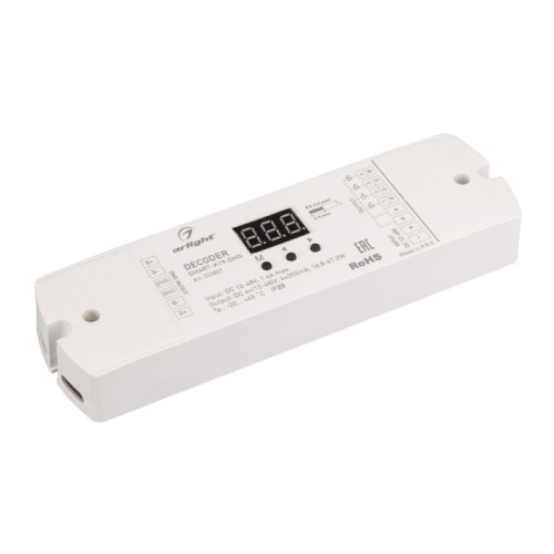 Декодер SMART-K19-DMX (12-48V, 4x350mA) (Arlight, IP20 Пластик, 5 лет) Декодер тока DMX512 для трансляции DMX512 сигнала ШИМ(PWM) устройствам, таким как светильникам и мощным светодиодам. Питание 12-48VDC. 4 канала, ток нагрузки 4x350mA, мощность нагрузки 16.8-67.2W. Входной сигнал DMX512, выходной сигнал ШИМ(PWM). Цифровой дисплей на корпусе, адрес устанавливается с помощью кнопок. Размер 170x50x23 мм. Гарантия 2 года с даты продажи.