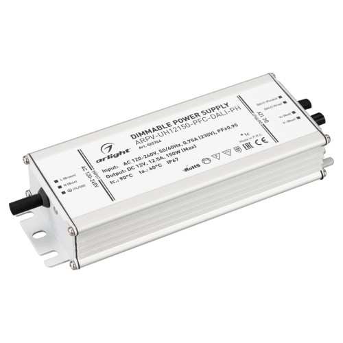 Блок питания ARPV-UH12150-PFC-DALI-PH (12V, 12.5A, 150W) (Arlight, IP67 Металл, 7 лет) Диммируемый источник напряжения по протоколу DALI с гальванической развязкой для светодиодных изделий. Входное напряжение 120-240 VAC. Выходные параметры: 12 В, 12.5 А, 150 Вт. Встроенный PFC >0.95. Герметичный алюминиевый корпус IP 67. Рабочая температура -40…+70C⁰. Габаритные размеры длина 188 мм, ширина 67.5 мм, высота 33.5 мм. Гарантийный срок 7 лет.