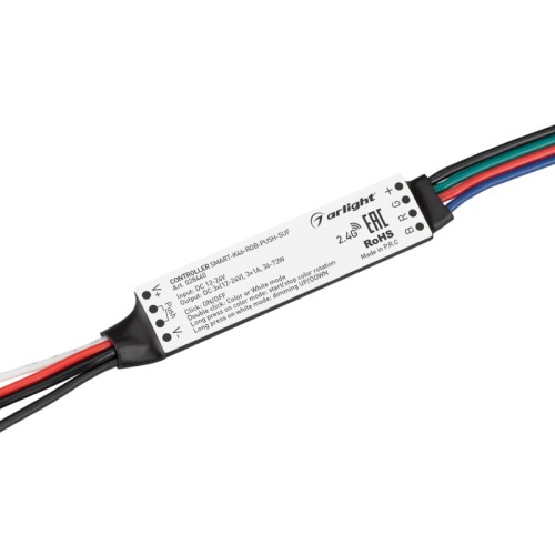 Контроллер SMART-K46-RGB-PUSH-SUF (12-24V, 3x1A, 2.4G) (Arlight, Пластик) Миниатюрный контроллер для RGB светодиодной ленты (ШИМ). Питание/рабочее напряжение 12-24VDC, максимальный ток 1A на канал, 3 канала, максимальная мощность 36-72W. Поддерживает функцию Push-Dim. Габариты 60x14x6 мм. Совместим с пультами и панелями SMART, поддерживающими управление по радиоканалу. !!!Актуальная схема привязки пультов в инструкции на сайте!!!