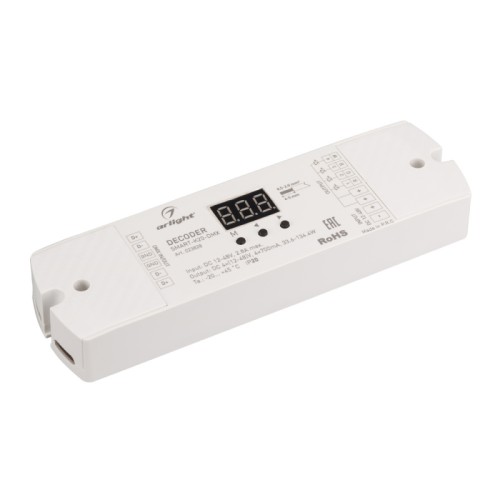 Декодер SMART-K20-DMX (12-48V, 4x700mA) (Arlight, IP20 Пластик, 5 лет) Декодер тока DMX512 для трансляции DMX512 сигнала ШИМ(PWM) устройствам, таким как светильники и мощные светодиоды. Питание 12-48VDC. 4 канала, ток нагрузки 4x700mA, мощность нагрузки 33.6-134.4W. Входной сигнал DMX512, выходной сигнал ШИМ(PWM). Цифровой дисплей на корпусе, адрес устанавливается с помощью кнопок. Размер 170x50x23 мм. Гарантия 2 года с даты продажи.