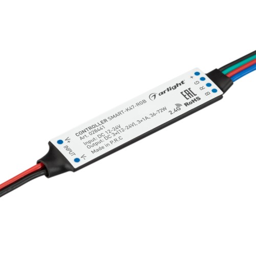 Контроллер SMART-K47-RGB (12-24V, 3x1A, 2.4G) (Arlight, IP20 Пластик, 5 лет) Миниатюрный контроллер для RGB светодиодной ленты (ШИМ). Питание/рабочее напряжение 12-24VDC, максимальный ток 1A на канал, 3 канала, максимальная мощность 36-72W. Габариты 60x14x6 мм. Совместим с пультами и панелями SMART, поддерживающими управление по радиоканалу. !!!Актуальная схема привязки пультов в инструкции на сайте!!!