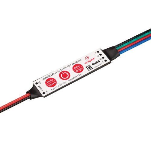 Контроллер SMART-MINI-RGB (12-24V, 3x1.5A) (Arlight, IP20 Пластик, 5 лет) Миниатюрный контроллер для мультицветной (RGB) светодиодной ленты (ШИМ). Питание/рабочее напряжение 12-24VDC, максимальный ток 1.5A на канал, 3 канала, максимальная мощность 54-108W. Габариты 60x12.5x5 мм. Управление кнопками на корпусе диммера.