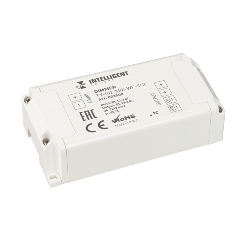 INTELLIGENT ARLIGHT Диммер TY-102-MIX-WF-SUF (12-24V, WI-FI, 433MHz, 2x3A) (IARL, IP20 Пластик, 3 года) Диммер двухканальный, для светодиодных лент MIX (CCT, Tunable White), управляемый по WIFI + RF. Питание/рабочее напряжение 12-24VDC, максимальная нагрузка 2х3А, максимальная мощность 100W. Частота ШИМ 4kГц. WIFI 2.4ГГц. Управляется панелями серии TY-228-х-RF, совместим с платформой TUYA, и АЛИСА от ЯНДЕКС. Управление со смартфона через приложение INTELLIGENT ARLIGHT