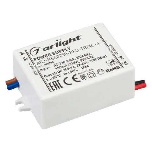 Блок питания ARJ-KE40250-PFC-TRIAC-A (10W, 250mA) (Arlight, IP44 Пластик, 5 лет) Диммируемый источник тока по стандарту TRIAC с гальванической развязкой для светильников и мощных светодиодов. Входное напряжение 220-240 VAC. Выходные параметры: 27-40 В, 250 mА, 10 Вт. Встроенный PFC >0,92. Негерметичный пластиковый корпус IP 44. Габаритные размеры длина 58 мм, ширина 36 мм, высота 20 мм. Гарантийный срок 5 лет.