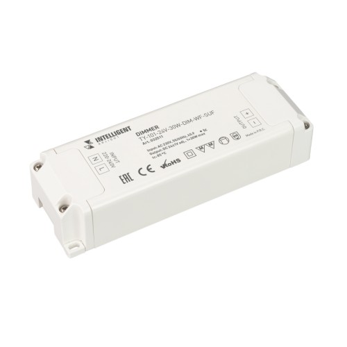 INTELLIGENT ARLIGHT Диммер TY-101-24V-30W-DIM-WF-SUF (230V, WIFI, 433MHz, 1х1.25A) (IARL, Пластик) Диммер одноканальный, для светодиодных лент, управляемый по WIFI + RF. Вход 200-260V AC, PF>0.95 выход 24V DC, мощность 30W. Низкий пусковой ток 