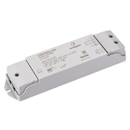 Контроллер SMART-K8-RGB (12-24V, 3x6A, 2.4G) (Arlight, IP20 Пластик, 5 лет) Контроллер для светодиодной RGB ленты (ШИМ). Питание/рабочее напряжение 12-24VDC, максимальный ток 6A на канал, 3 канала, максимальная мощность 216-432W. Винтовые клеммы. Корпус - PVC. Габариты 175x45x27 мм. Управляется пультами и панелями серии SMART (поставляются отдельно).