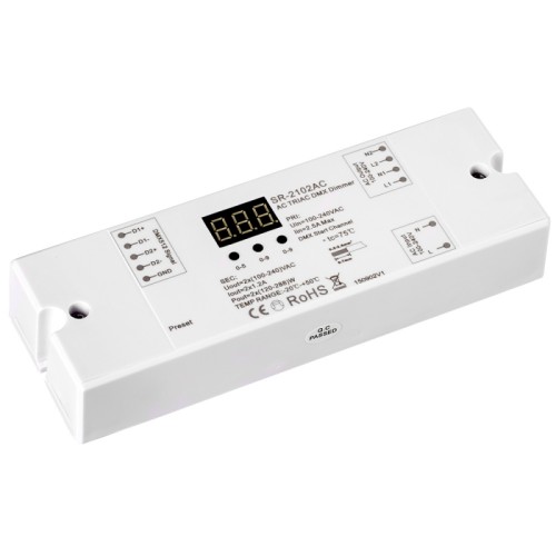 Декодер DMX SR-2102AC (230V, 2x1.2A) (Arlight, IP20 Пластик, 3 года) DMX-диммер для галогенных и других ламп на 220В, а также для высоковольтного неона (при использовании стандартного адаптера для подключения неона к сети AC 230V). Коммутируемая мощность макс. 560Вт (2 канала по 1,2А). Адрес DMX задается кнопками на корпусе, индикация адреса. Размер 168x58х28мм. Питание 100-240VAC.