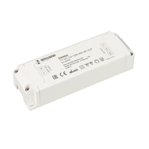 INTELLIGENT ARLIGHT Диммер TY-102-24V-30W-MIX-WF-SUF (230V, WIFI, 433MHz, 2x0.6A) (IARL, Пластик) Диммер двухканальный, для светодиодных лент MIX (CCT, Tunable White), управляемый по WIFI + RF. Вход 200-260V AC, PF>0.95 выход 24V DC, мощность 30W. Низкий пусковой ток 