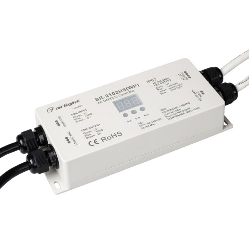 Декодер DMX SR-2102HSWP (230V, 3x1.66A) (Arlight, IP67 Пластик, 3 года) Влагонепроницаемый DMX-декодер (IP67), 3 канала, макс.1200W, вход AC100-240V, выход DC100-240V, max3x1.66A, кнопки и дисплей на корпусе. Для гибкого RGB неона (при использовании стандартного адаптера для подключения неона к сети AC 230V) или светодиодных лент 220В. Имеет встроенные программы и может работать автономно. Габариты 180x73x38 мм.