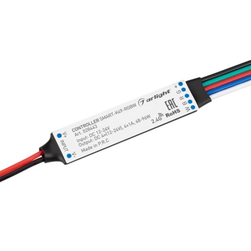 Контроллер SMART-K49-RGBW (12-24V, 4x1A, 2.4G) (Arlight, IP20 Пластик, 5 лет) Миниатюрный контроллер для RGBW светодиодной ленты (ШИМ). Питание/рабочее напряжение 12-24VDC, максимальный ток 1A на канал, 4 канала, максимальная мощность 48-96W. Габариты 60x14x6 мм. Совместим с пультами и панелями SMART, поддерживающими управление по радиоканалу. !!!Актуальная схема привязки пультов в инструкции на сайте!!!