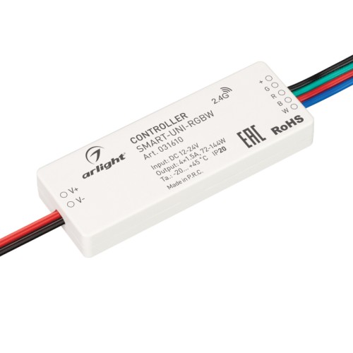 Контроллер SMART-UNI-RGBW (12-24V, 4x1.5A, 2.4G) (Arlight, IP20 Пластик, 5 лет) Контроллер для мультицветной (RGBW) светодиодной ленты (ШИМ). Питание/рабочее напряжение 12-24VDC, максимальный ток 1.5A на канал, 4 канала, максимальная мощность 72-144W. Корпус - PVC. Габариты 64x23.5x8.5 мм. Управляется пультами и панелями серии SMART (поставляются отдельно). !!!Актуальная схема привязки пультов в инструкции на сайте!!!