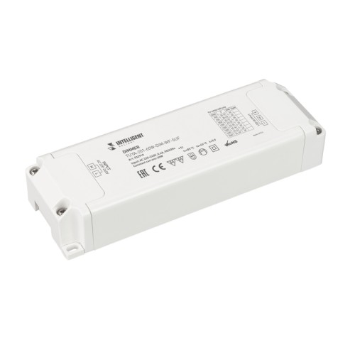 INTELLIGENT ARLIGHT Диммер TUYA-201-60W-DIM-WF-SUF (230V, 433MHz, 900-1500mA) (IARL, IP20 Пластик, 3 года) Диммер одноканальный, для светодиодных светильников. Выбор значения выходного тока осуществляется подстроечным резистором на плате. Вход 220-240V AC, PF>0.95 выход 900-1500mA@24-50V DC (в зависимости от вых. тока), мощность 60W. Низкий пусковой ток 