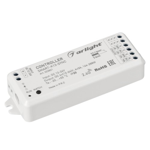 Контроллер SMART-K13-SYNC (12-24V, 4x3A, 2.4G) (Arlight, IP20 Пластик, 5 лет) Миниатюрный универсальный 4-х канальный контроллер для светодиодной DIM/MIX/RGB/RGBW лент и модулей (ШИМ). Сихронизация с аналогичными контроллерами до 15 метров, общая длина системы до 100 метров. Питание/рабочее напряжение 12-24VDC, максимальный ток 3A на канал, 4 канала, максимальная мощность 144-288W. Винтовые клеммы. Корпус - PVC. Габариты 114x38x20 мм. Управляется пультами и панелями серии SMART (поставляются отдельно).